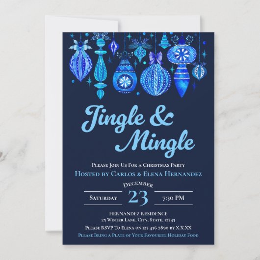 Jingle & Mingle Navy Christmas Baubles Watercolor Einladung (Vorderseite)