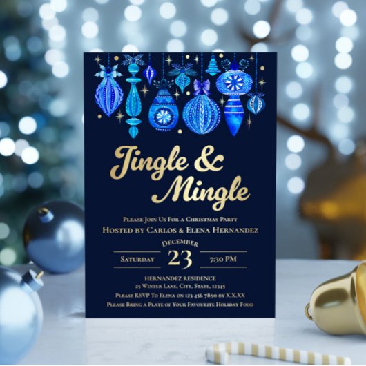 Jingle & Mingle Navy Christmas Baubles Watercolor Folieneinladung