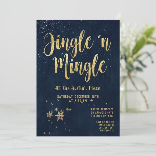 Jingle Mingle Navy Gold Calligraphy Holiday Party Einladung (Stehend Vorderseite)