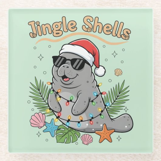 Jingle Shells Tropical Santa Manatee Christmas Glasuntersetzer (Vorderseite)