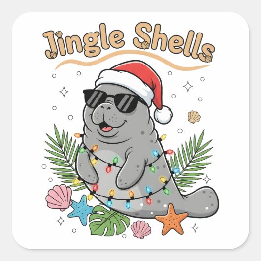 Jingle Shells Tropical Santa Manatee Christmas Quadratischer Aufkleber (Vorderseite)