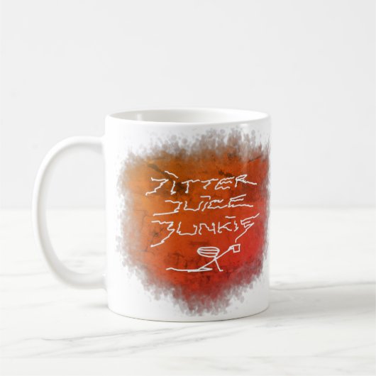 Jitter Juice Junkie - Kaffeekunst auf Weiß. Kaffeetasse (Links)