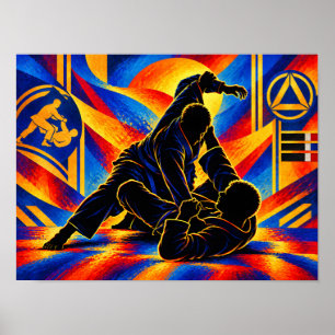 Jiu-Jitsu-Kämpfer Angriffs- und Verteidigungssilho Poster