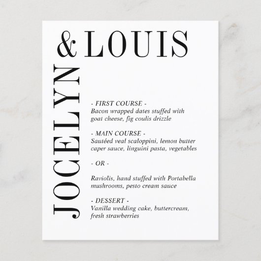 Jocelyn Black and White Modern Wedding Menu Flyer (Vorne)