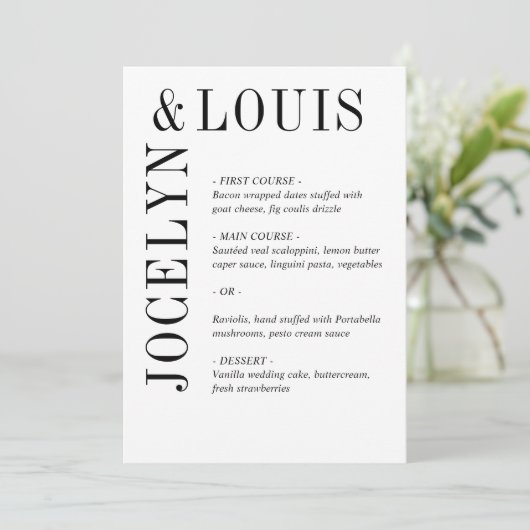 Jocelyn Black and White Modern Wedding Menükarte (Stehend Vorderseite)