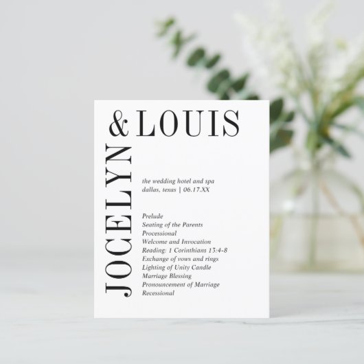 Jocelyn Black and White Modern Wedding Program (Stehend Vorderseite)