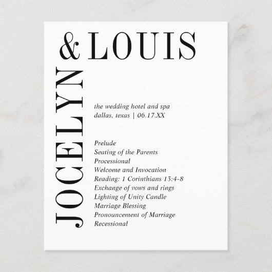 Jocelyn Black and White Modern Wedding Program Flyer (Vorne)