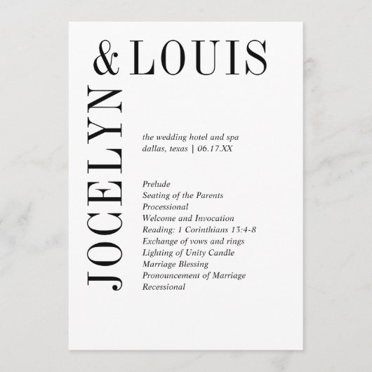 Jocelyn Black and White Modern Wedding Programm (Vorderseite)