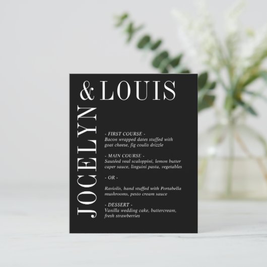 Jocelyn Black Modern Wedding Menu (Stehend Vorderseite)