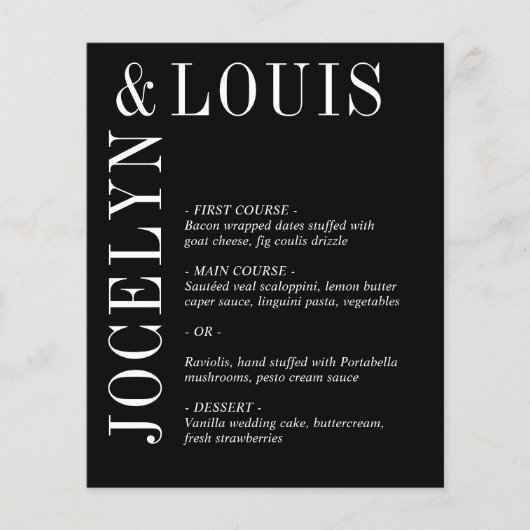 Jocelyn Black Modern Wedding Menu (Vorderseite)