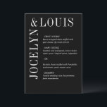 Jocelyn Black Modern Wedding Menükarte<br><div class="desc">Modernes Hochzeitsmenü in minimalistischem Schwarz-Design mit Ihren Namen in einem großen Schriftart entlang der links Seite und oben. Dieses Design ist einfach genug für eine feierliche Hochzeit,  aber macht eine kühne Aussage.</div>
