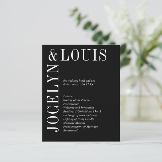 Jocelyn Black Modern Wedding Program (Stehend Vorderseite)