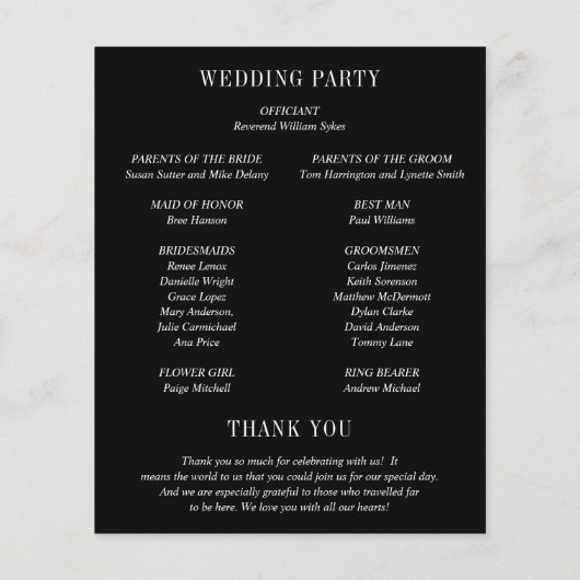 Jocelyn Black Modern Wedding Program (Rückseite)