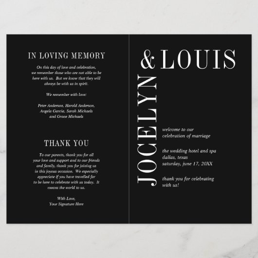 Jocelyn Black Modern Wedding Program Flyer (Vorne)