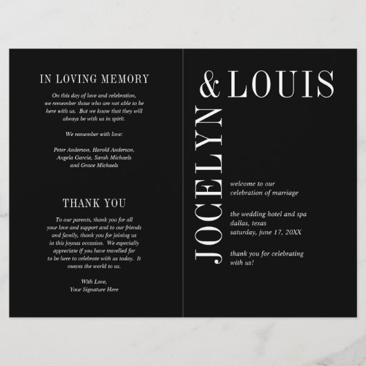 Jocelyn Black Modern Wedding Program Flyer (Vorne)
