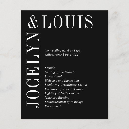 Jocelyn Black Modern Wedding Program Flyer (Vorne)