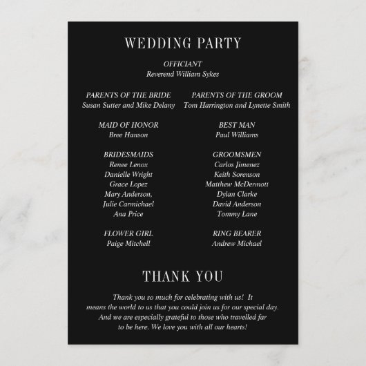 Jocelyn Black Modern Wedding Programm (Rückseite)