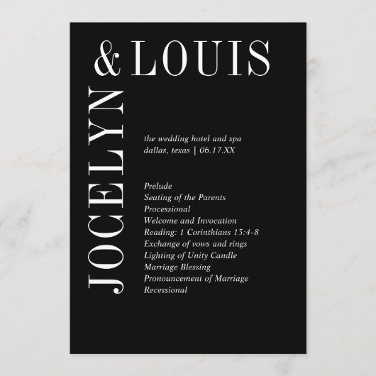 Jocelyn Black Modern Wedding Programm (Vorderseite)