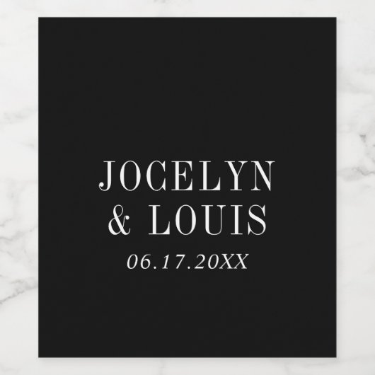 Jocelyn Black Modern Wedding Weinetikett (Einzelnes Label)