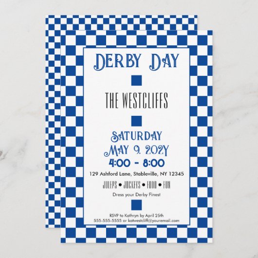 Jockey Silk Blocks Blue und White Derby Einladung (Vorne/Hinten)