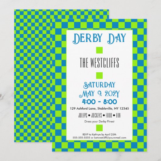 Jockey Silk Blocks Green und Blue Derby Einladung (Vorne/Hinten)