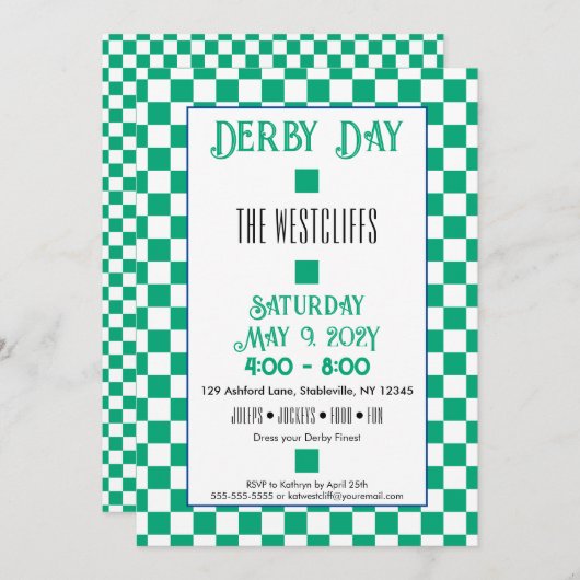 Jockey Silk Blocks Green und White Derby Einladung (Vorne/Hinten)