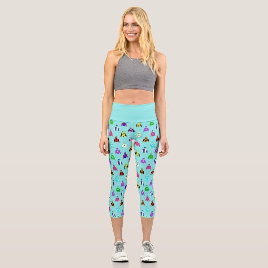 Jockey Silks Horse Riding Pattern auf Blue Capri Leggings (Vorderseite)