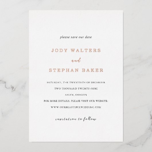Jody Simple Elegant Wedding Save the Date Folieneinladung (Vorderseite)