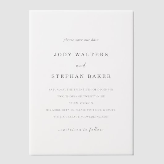 Jody Simple Elegant Wedding Save the Date Pergament Einladungen (Vorderseite)