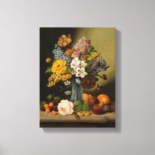 Johann Geor Seitz Blume in Blauer Vase und Obst Leinwanddruck (Vorderseite)