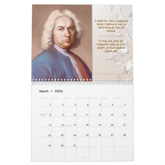 Johann Sebastian Bach Kalender + Zitate/Tributes (Mär 2026)