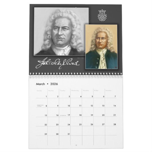 Johann Sebastian Bach mit seinen Unterschriften, 2 Kalender (Mär 2026)
