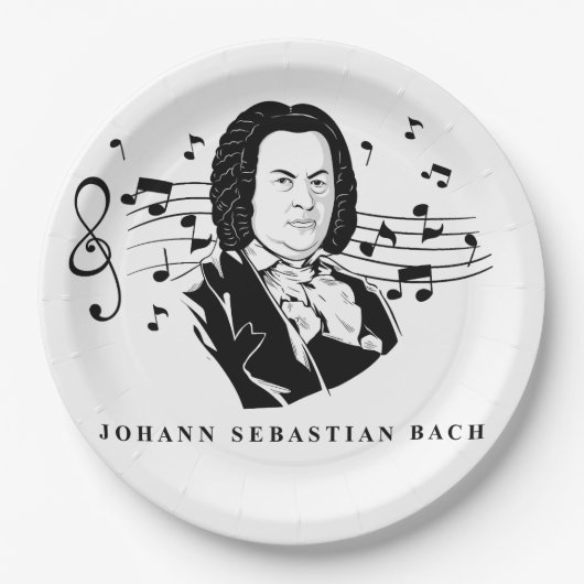 Johann Sebastian Bach Portrait and Bust with Notes Pappteller (Vorderseite)