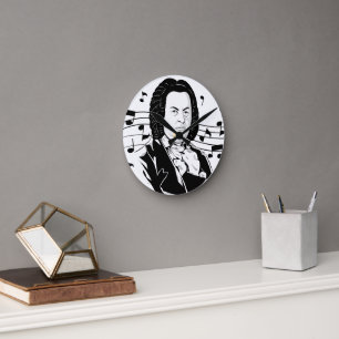 Johann Sebastian Bach Portrait and Bust with Notes Runde Wanduhr