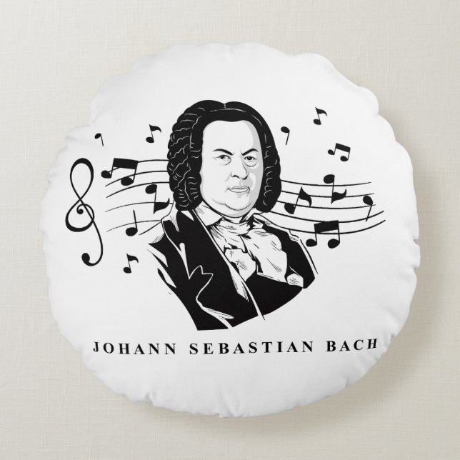 Johann Sebastian Bach Portrait and Bust with Notes Rundes Kissen (Vorderseite)