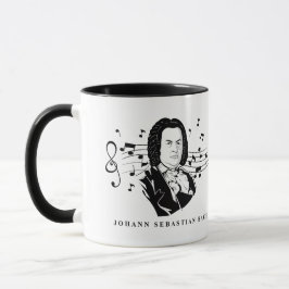 Johann Sebastian Bach Portrait and Bust with Notes Tasse