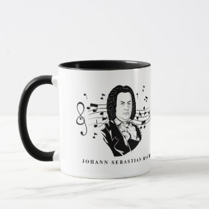 Johann Sebastian Bach Portrait and Bust with Notes Tasse