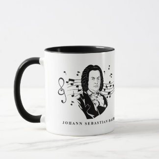 Johann Sebastian Bach Portrait and Bust with Notes Tasse
