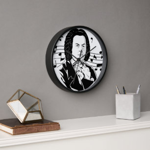 Johann Sebastian Bach Portrait and Bust with Notes Uhr