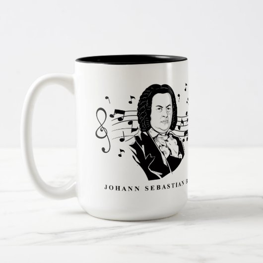 Johann Sebastian Bach Portrait and Bust with Notes Zweifarbige Tasse (Links)