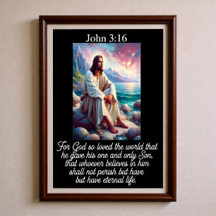 Johannes 3,16 Jesus sitzt an einer felsigen Küste Poster