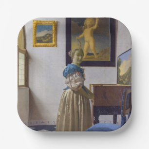 Johannes Vermeer - Dame stehend an einem Virginal Pappteller