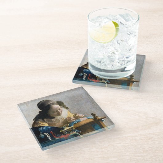 Johannes Vermeer - Der Lacemaker Glasuntersetzer (Schrägansicht)