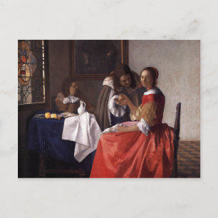 Johannes Vermeer - Eine Frau und zwei Herren Postkarte