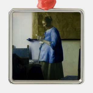 Johannes Vermeer - Frau in Blau beim Lesen eines B Ornament Aus Metall