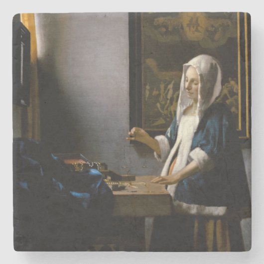 Johannes Vermeer - Frauen, die ein Gleichgewicht h Steinuntersetzer (Vorderseite)