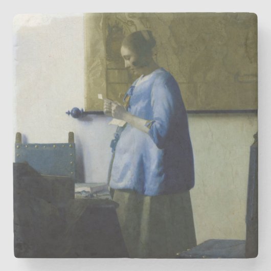 Johannes Vermeer - Frauen in blau lesen einen Brie Steinuntersetzer (Vorderseite)