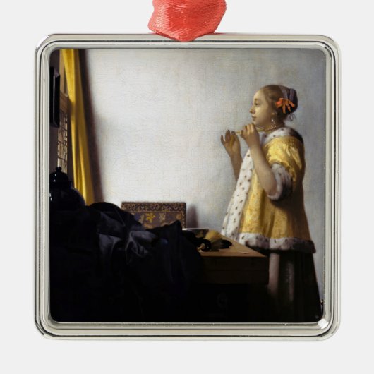 Johannes Vermeer - Junge Frau mit Pearl Necklace Ornament Aus Metall (Vorne)