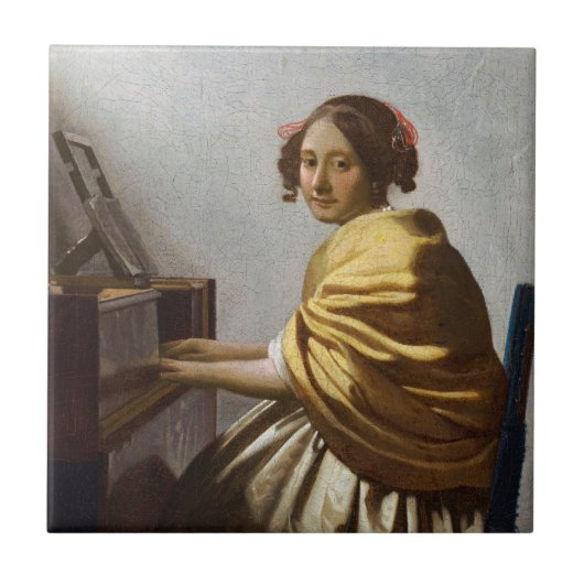 Johannes Vermeer - Junge Frau sitzt bei Virginal Fliese (Vorderseite)