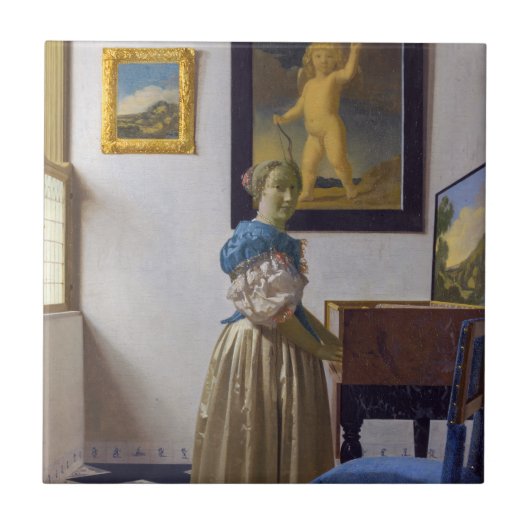 Johannes Vermeer - Lady Stehend bei einer Jungfrau Fliese (Vorderseite)